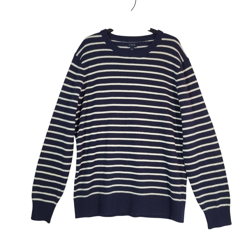 J.Crew Crewneck Sweater Mens Large Navy Blue White Striped Lambswool Preppy